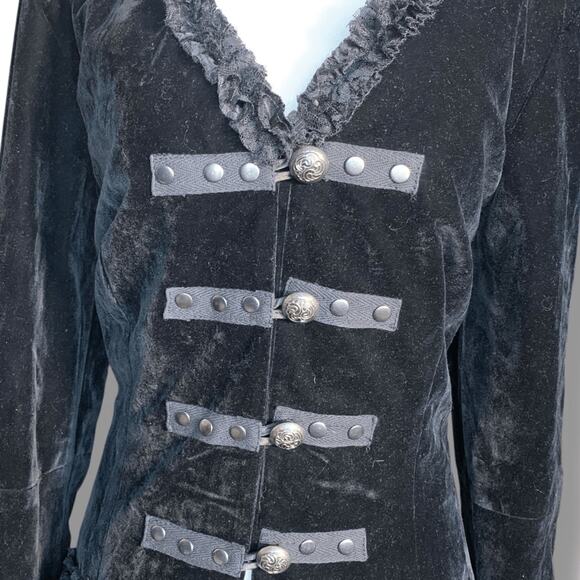 Hearts And Roses Black Velvet Gothic Military Jacket Lace Up Corset Back Sheer 8 - Picture 4 of 12